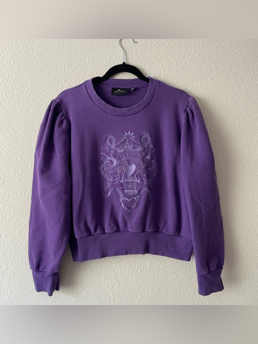 Lazy Oaf women’s London streetwear puff sleeve purple cropped sweatshirt